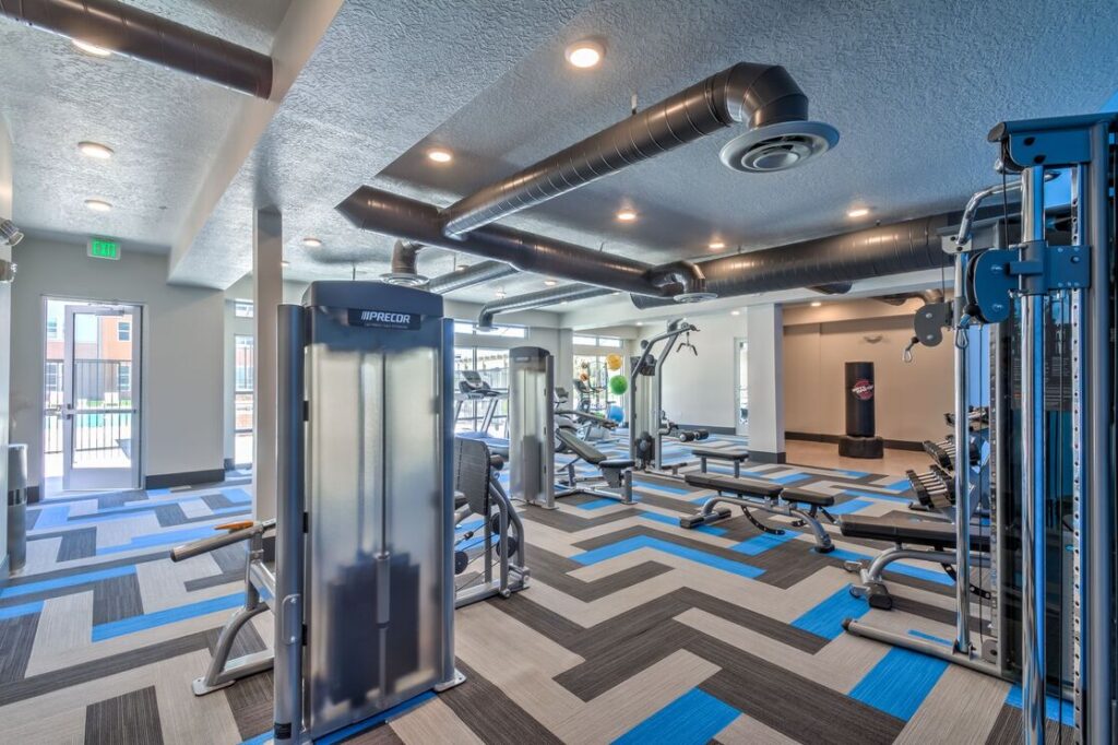 indoor gym with blue, grey and black carpet