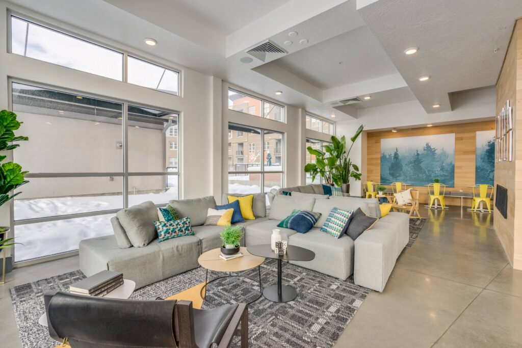 Clubhouse lounge with sofas and tables